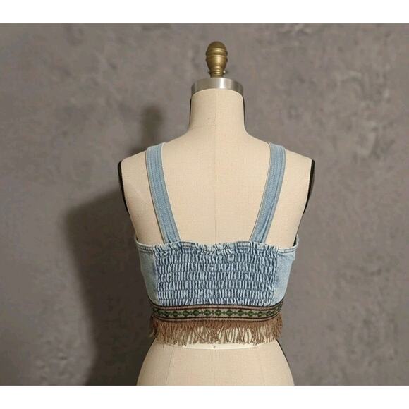 Vtg Maximum Energy USA Blue Denim Fringe Boho Tank Crop Top Womans Size Medium - Picture 2 of 9